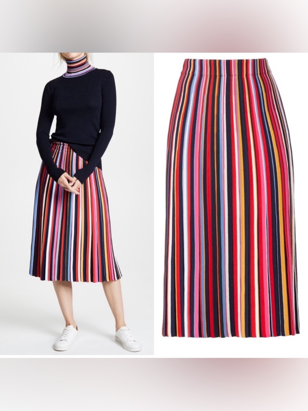 SET  of Tory Burch Navy Multicolor Vertical Stripe Pleated ,,,top and skirt